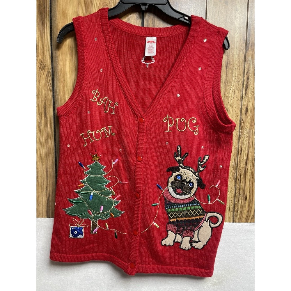 Holiday Time "Bah Hum Pug" Ugly Sweater Vest Size S Dog tree vest